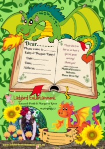 Dragon Invite A dragon book party invitation with a dragon and sunflowers.