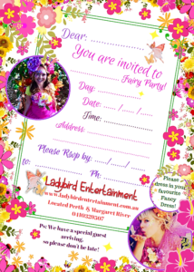 Fairy Party Invite A fairy party invitation with a photo of a girl and flowers.